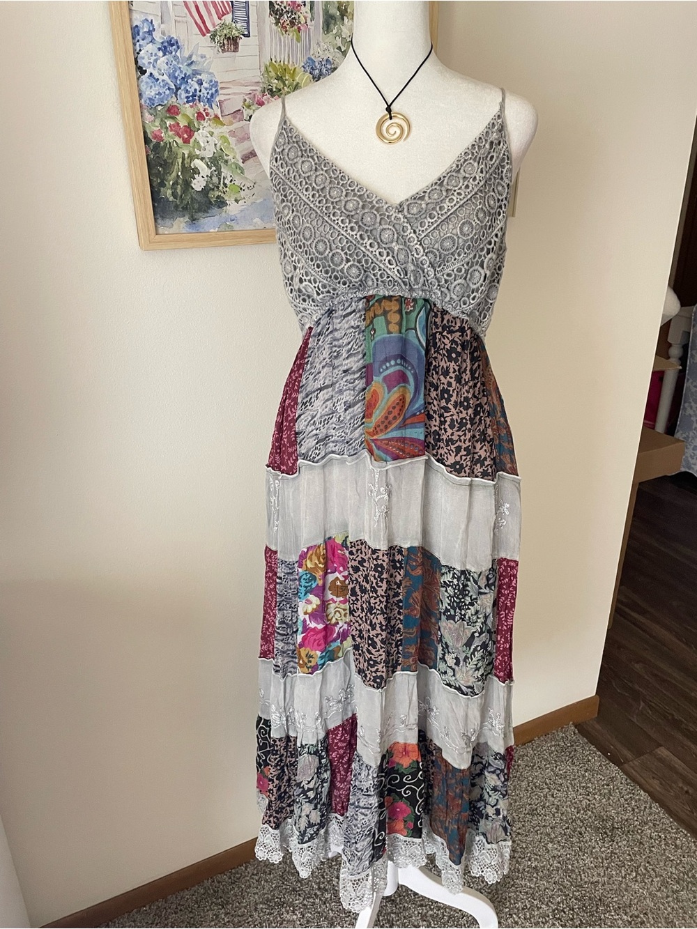 Young Threads Crochet Lace Patchwork Midi Maxi Dress Boho Hippie Size Medium